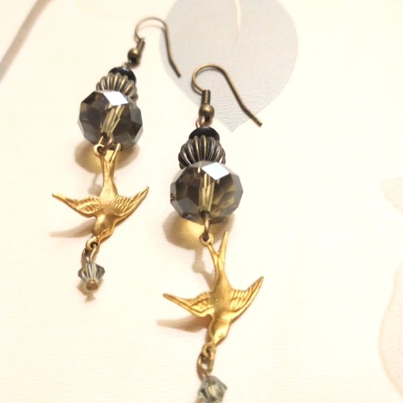 Drop Bronze Bird Earrings with Crystal - Picture 2 of 3